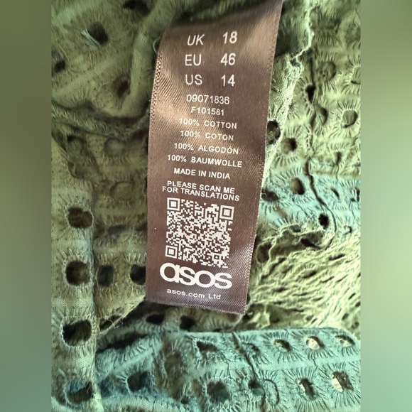 Asos Womens Eyelet Top Blouse Hunter Green Cotton Bell Sleeve Mock US Size 14 - Picture 6 of 8